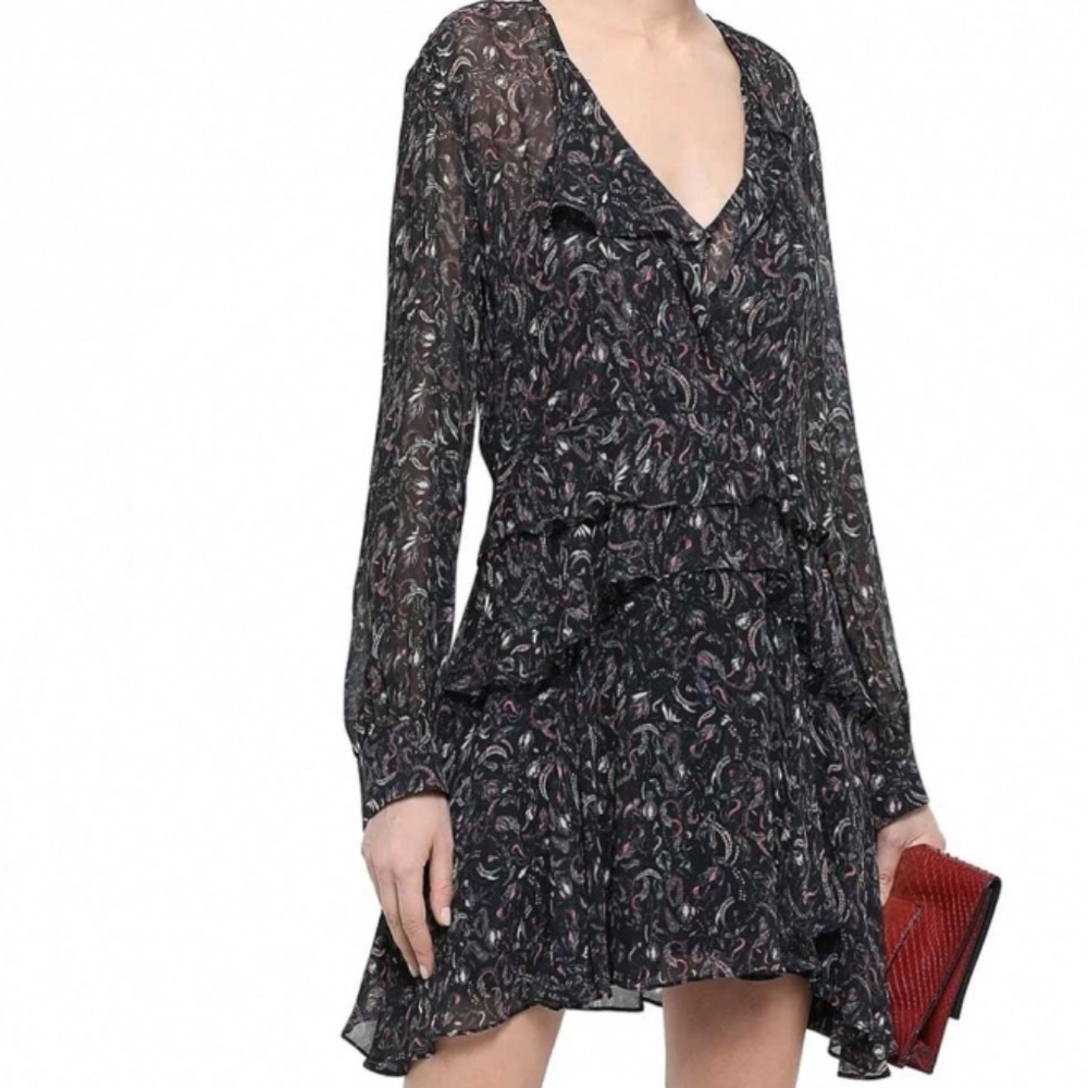 IRO Honess Long Sleeve Ruffle Mini Dress in Patterned Black - 6